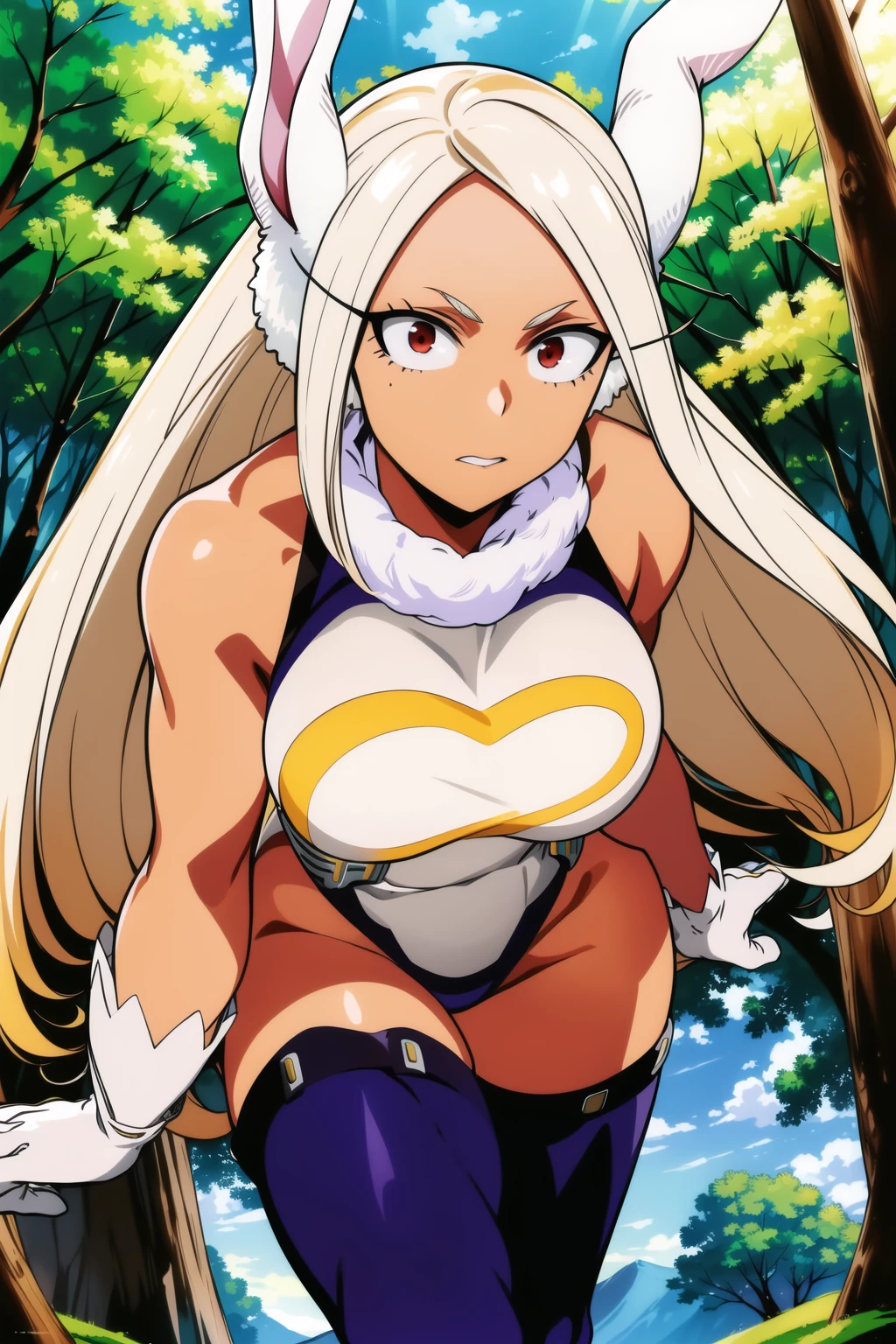 forest, scan, (extremely detailed CG unity 8k wallpaper:1.1), highres, ambient light, (1girl), mirkomha, boku no hero academia, <lora:MirkoMHA-v1-1:1>, rabbit ears, ((dark skin:1.5)), red eyes, sleeveless, white gloves, highleg leotard, (white hair, long hair), large breasts, fur collar, purple thighhighs, white leotard