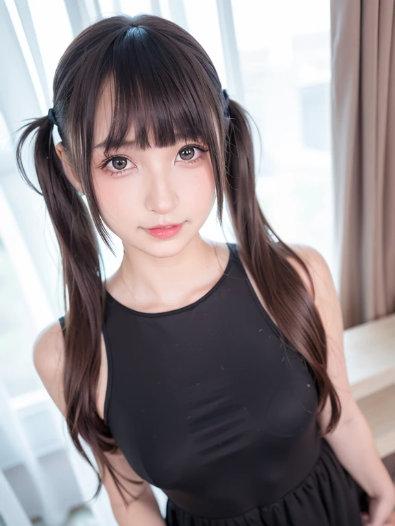 <lora:mafuyulightmakeup:0.7>, mafuyu, 1girl, solo, realistic, smile, makeup, shiny eyes, long hair, brown hair, twintails, bangs, black eyes, looking at viewer, blurry, day, blush, soft light, 8K, ultra high resolution, ultra-detailed, photorealistic, an extremely delicate and beautiful, dress, arm up