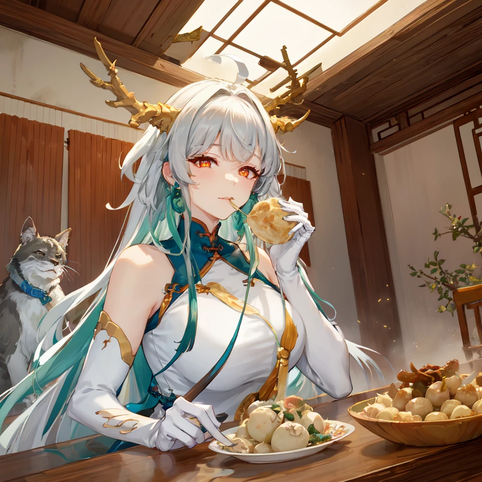 masterpiece,best quality,highres,1girl,solo,<lora:ShadowverseSilong_v2:0.7>,(ancient chinese style wooden room:1.3),indoor,feast on the desk,baozi,dumplings,table full of china food,shy,eating noodles,looking at viewer,horns,yellow eyes,(glowing eyes:1.2),white gloves,ahoge,gradient hair,multicolored hair,medium hair,long bangs,huge breasts,extremely detailed,dramatic angle,finely detailed eyes,bare shoulders,(mature female:1.4),(matured face:1.3),(sideboob:0.75),white hair,green hair,green bangs,blush,pov,shy,happy,(half-closed eyes:1.1),see-through,happy,sitting,(holding food),(sitting across the table:1.4),upper body,steamy