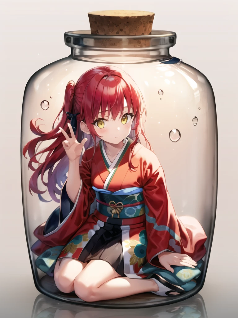 <lora:bottle_locon_v1a:0.7>,1girl, solo,full body, looking at viewer,in bottle,in container,   <lora:kita_locon_v1a:0.4>,red hair, yellow eyes, kimono, japanese clothes, simple background,air bubble,water,