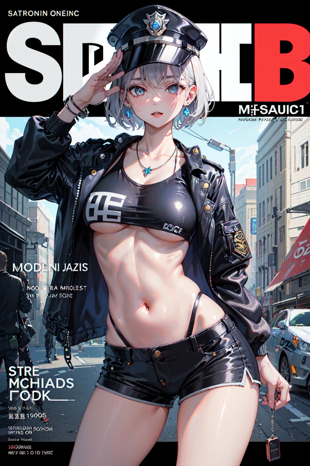 ((((best quality))), (((ultra detailed))), (((masterpiece))), illustration,(Magazine cover-style illustration of a fashionable woman in a vibrant outfit), posing in front of a colorful and dynamic background. She has a confident expression and is holding a statement accessory, The text on the cover should be bold and attention-grabbing, with the title of the magazine and a catchy headline. The overall style should be modern and trendy, with a focus on fashion and lifestyle),
wall paper,crowds,fashion,Lipstick,ray tracing,depth of field, street,in public,day
1girl,solo,looking at viewer, glossy skin, contrapposto, navel, midriff, necklace, female focus,model,medium breasts, ,street,in public,police hat, police uniform, handcuffs,short shorts, salute
cool, see-through, school uniform,jitome,
, ,underboob,floating hair, sexy ,fine fabric emphasis,