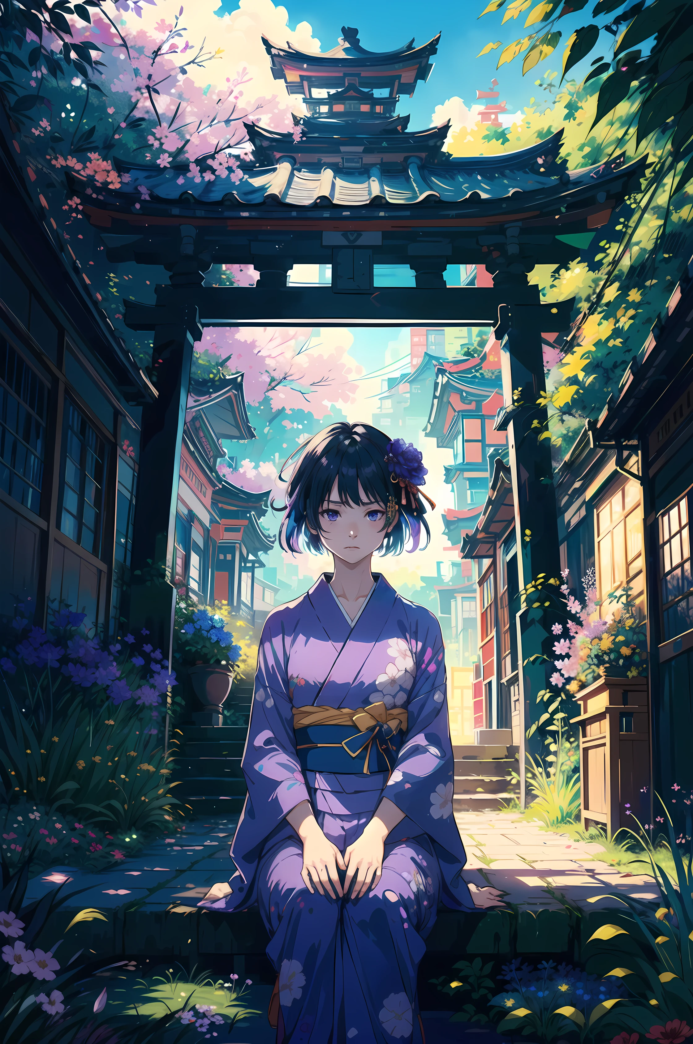 (Cinematic Digital Artwork:1.3) of (Masterpiece:1.3),(Sad:1.3) 1girl, solo, from above, \(purple flowers\), aesthetic, intricate, best quality, detailed background, Homura Akemi, ((\girl wearing a patterned purple kimono:1.2\)), \(sitting in garden\), casual pose, detailed textures, posing, floral print, hair flower, hair ornament, japanese clothes, kimono, obi, outdoors, pagoda, petals, purple kimono, sash, shrine, sky, stone stairs, torii, wide sleeves, yukata,(by Artist Andre Masson:1.3),CGSociety,ArtStation,(Colorful:1.3)