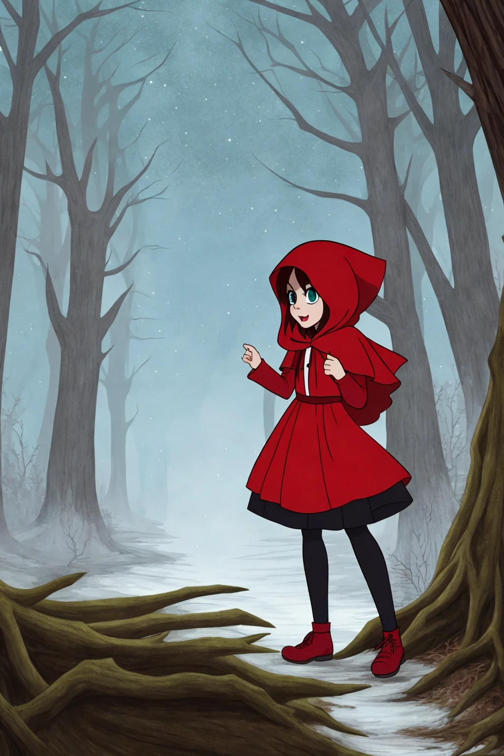 2d animation classic style little girl red riding hood in a creepy forest midnight moonlight atmospheric
(masterpiece:1.2) (cell shading) (animation) (flat color illustration:1.1) (best quality:1.2) (clean lines)