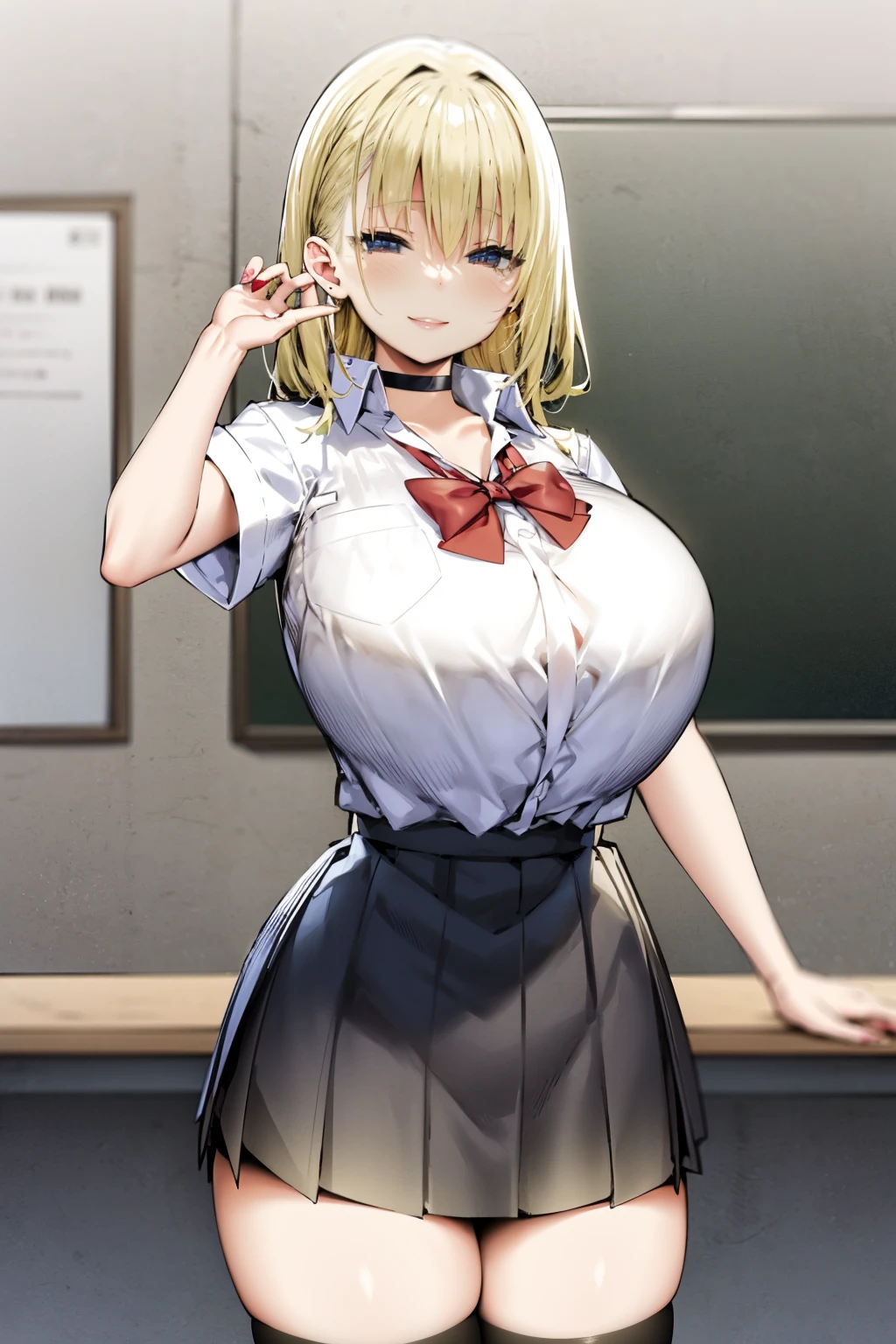 masterpiece,(1girl:1.3),(huge breasts:1.1),white shirt,pleated skirt,school uniform,(smile:1.2),choker,thigh highs,front view,blonde hair ,(school classroom:1.4),cowboy shot<lora:sky freedom2:1>