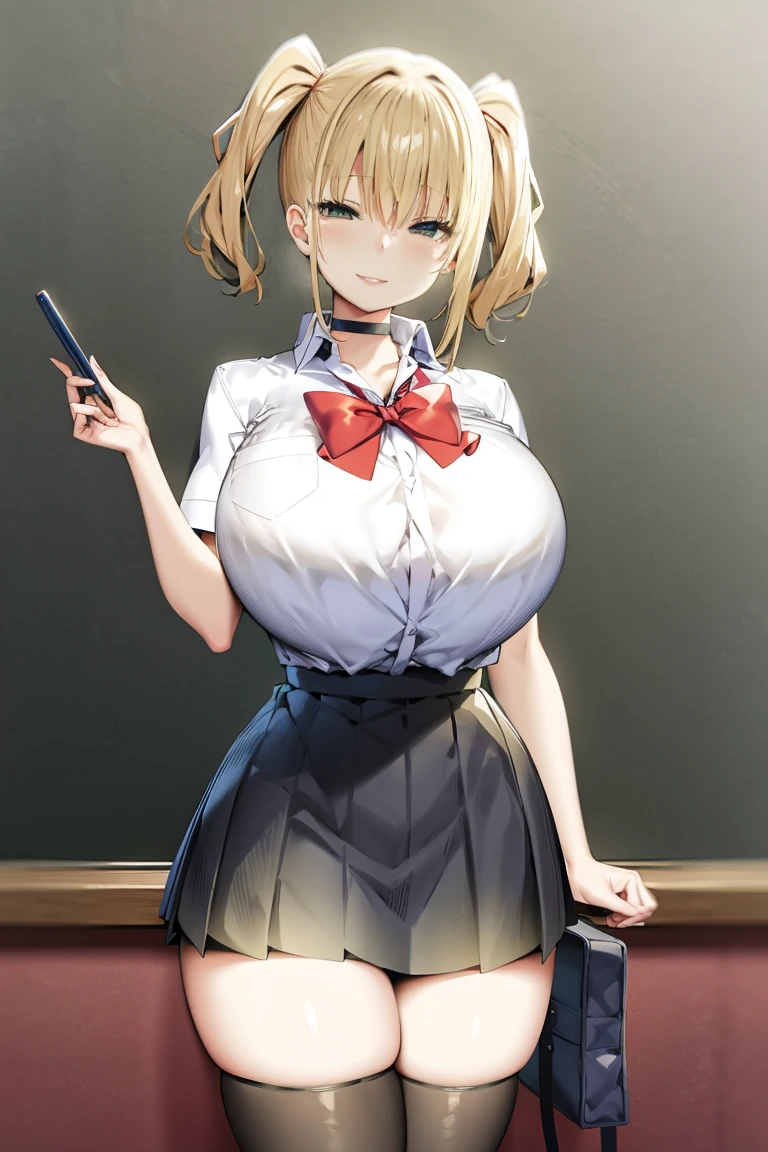 masterpiece,1girl,solo,(gigantic breasts:1.1),twin tails,,white shirt,pleated skirt,school uniform,(smile:1.2),choker,school classroom,thigh highs,front view,blonde hair <lora:sky freedom2:1>