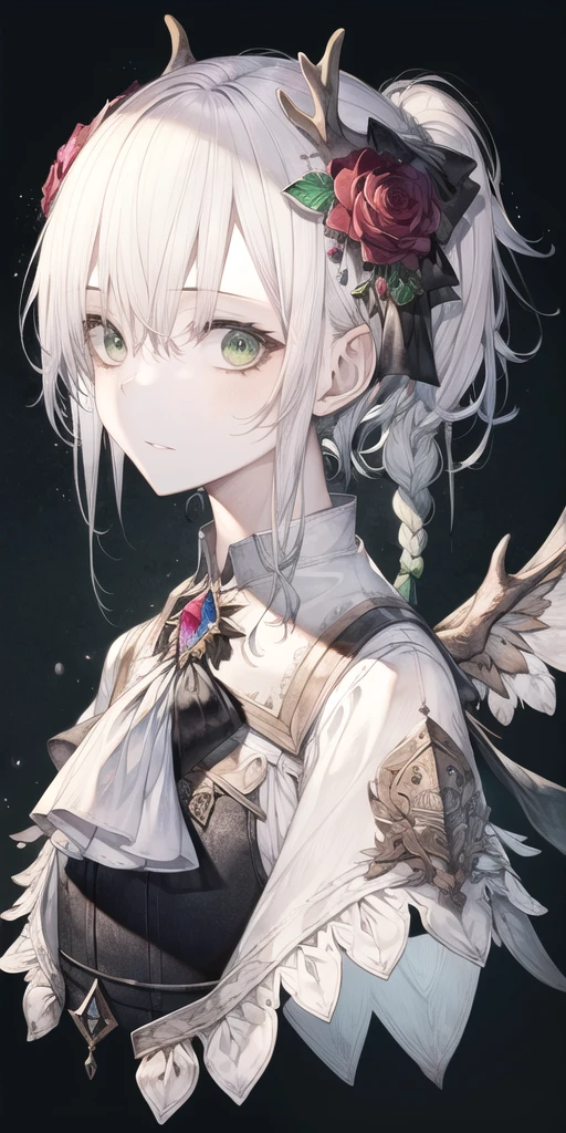 1girl, blue background, braid, cropped shoulders, expressionless, looking at viewer, moose, parted lips, short hair, side braids, simple background, solo, twin braids, upper body, white hair, green eyes, bangs, flower, ascot, hair ornament, animal, portrait, wings, brooch, jewelry, bow, hair bow, gem, closed mouth, hair between eyes, black bow, rose, black flower, white wings, ponytail, green background,<lora:hito_loha_v2b:0.7>