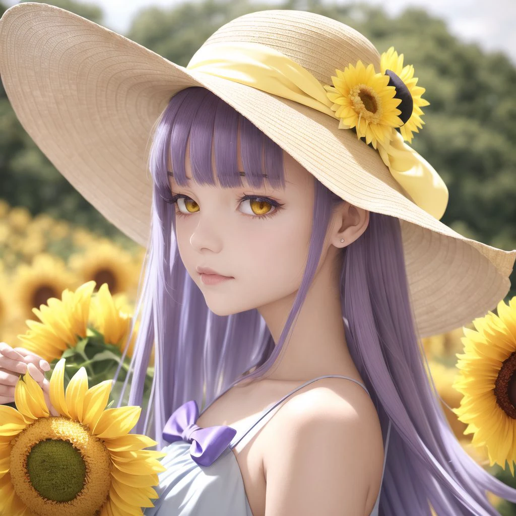 1girl, bare arms, blue ribbon, bouquet, bow, collarbone, dress, flower, grey dress, hat, hat bow, holding, holding bouquet, long dress, long hair, looking at viewer, purple bow, purple hair, ribbon, sleeveless, sleeveless dress, solo, standing, straight hair, straw hat, sun hat, sundress, sunflower, very long hair, yellow eyes, yellow flower, yellow headwear