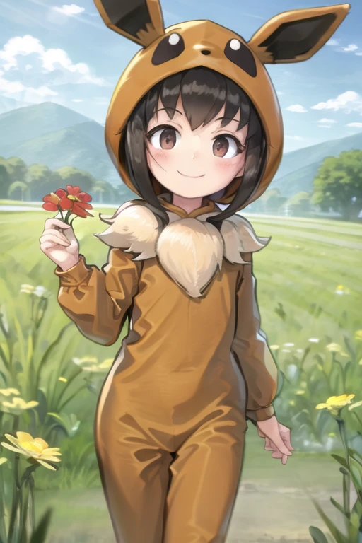 <lora:EeveeLora-20:0.7>, Pokekid, smile, holding flower, field,