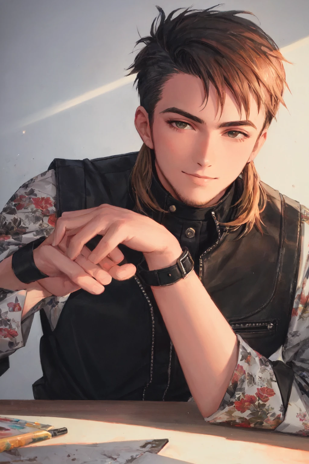 swpunk style, A stunning intricate full color portrait of a grizzled man with a black faux hawk smiling, wearing a black leather vest, epic character composition, thick strokes with paint splatters, by ilya kuvshinov, alessio albi, nina masic, sharp focus, natural lighting, subsurface scattering, f2, 35mm, film grain