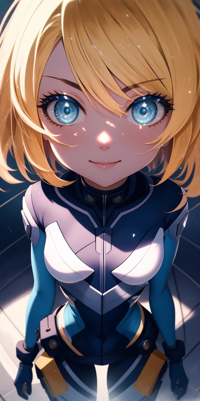 (perfect eyes), character focus, (perfect face), 1girl, solo, from front, looking at viewer, light smile, (detailed eyes), (beautiful) detailed,beautiful detailed eyes, nime style, illustration, perfect face, sidelighting, lustrous skin,(bloom), (shine), lighting, ray tracing, 
milinda brantini, (blue eyes), small breasts, blonde hair, short hair, microwaist, thick thighs, wide hips,
bodysuit, pouch, 
[from above], perfect slick hd hq, face details, solo, beautiful 1girl, detailed skin, light particles, sunbeam, wide angle, (colorful),
<lora:MilindaBrantini:0.8>