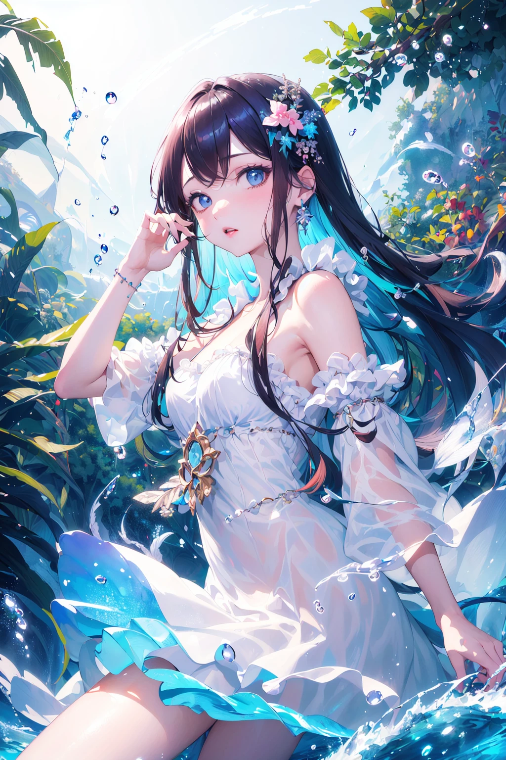 (masterpiece, top quality, best quality, official art, beautiful and aesthetic:1.2),
(1girl, solo), (kawaii:1.2),
([ water effects | Light Effects | Feathers effects ]:1.3),