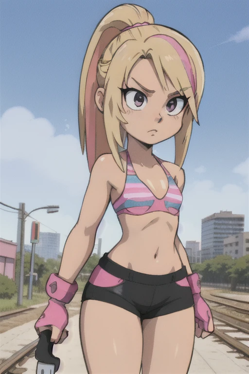 GameGirl , (blonde ponytail) with pink streak highlights, <lora:GameGirl:0.4>, 80's anime style, (flat chest),  thighs, hips, small waist, riding a bike in the city, biker shorts, from the side, bikini top, cloudy day, near train tracks