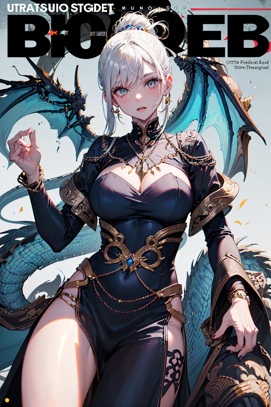 ((((best quality))), (((ultra detailed))), (((masterpiece))), illustration, (Magazine cover-style illustration of a fashionable woman in a vibrant outfit), posing in front of a colorful and dynamic background with magical elements. She has a confident expression and is holding a statement accessory while a majestic dragon is coiled around her, adding a touch of fantasy to the scene. The text on the cover should be bold and attention-grabbing, with the title of the magazine and a catchy headline. The overall style should be modern and trendy, with a focus on fashion and fantasy,tachi-e