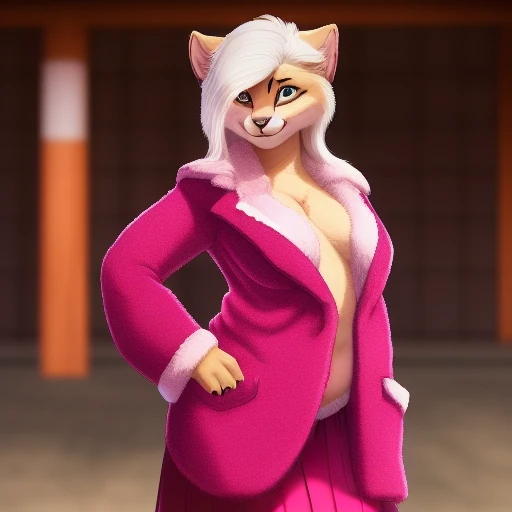 hi res, female, 1girl, masterpiece, best quality, navel, fur, hair, transformation, ferals, looking at viewer, curvy figure, smile, blush, felid, multicolored fur, narrowed eyes, standing, clothed jacket, japanese clothes, <lora:CommunityLoraExtract_1024yiffye:1>