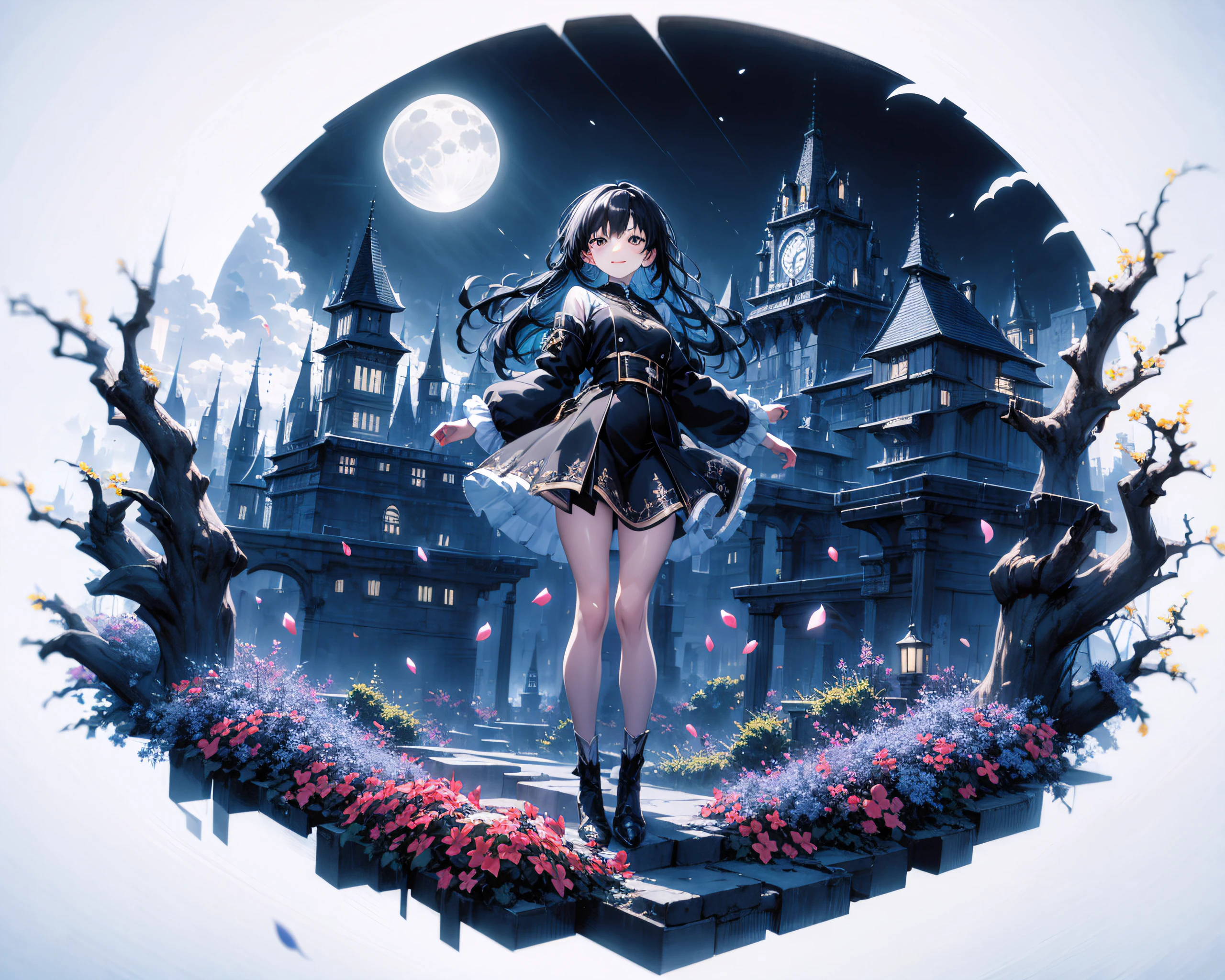 [(white background:1.5),::5] (isometric:1.0), double exposure, bubble,
mid shot, full body,
//
masterpiece, best quality, 1girl, (colorful),(finely detailed beautiful eyes and detailed face),cinematic lighting,bust shot,extremely detailed CG unity 8k wallpaper,black hair,long hair,black eyes,solo,smile,intricate skirt,((flying petal)),(Flowery meadow) sky, cloudy_sky, building, moonlight, moon, night, (dark theme:1.3), light, fantasy,looking at viewer, <lora:adaptedmodel:1> <lora:lihui4JXK-b2-bf16-128-128-1-re1-ep3-768-DA-5015fix:1.0>