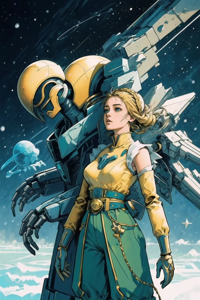 girl, (future,mecha,space,alien:1.4) upper body, (hotify:1.2), (monster:1.4), (Snowing,Gala:1.4),Plus Size,Normal Breasts,(Head Tilt),Long Hair,Crown Braid,(chartreuse Belted Top,gold Tapered Pants:1.3),arknights,Maid Dress ,(masterpiece,detailed,highres:1.4) <lora:novel_bright:0.6>