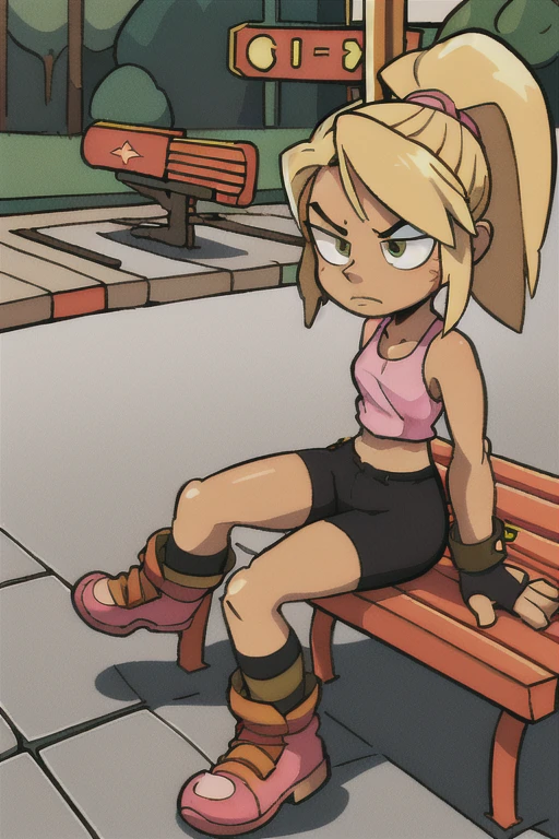 GameGirl , (blonde ponytail) with pink streak highlights, <lora:GameGirl:0.4>, 80's anime style, (flat chest), thighs, hips, small waist, sitting on a park bench, biker shorts, tanktop, cloudy day, near train tracks, bike rack, weak wilted plants, cracks in sidewalk, butterflies and daisies, sunlight shining on character, food mage
