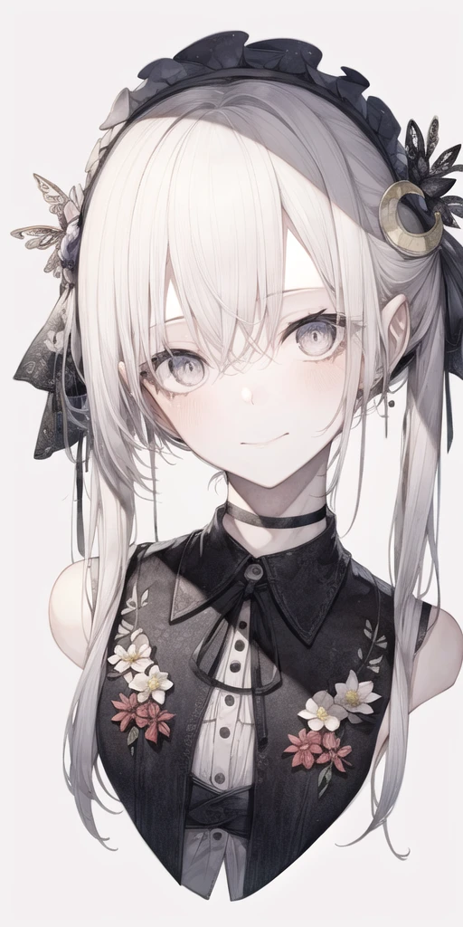 1girl, choker, crescent print, floral print, flower, hair between eyes, hair flower, hair ornament, headband, looking at viewer, white hair, white theme, solo, portrait, white background, simple background, twintails, bangs, ribbon, long hair, closed mouth, grey eyes, cropped shoulders, black choker, hairband, neck ribbon, head tilt, black ribbon, blush, smile, hair ribbon,<lora:hito_loha_v2b:0.7>