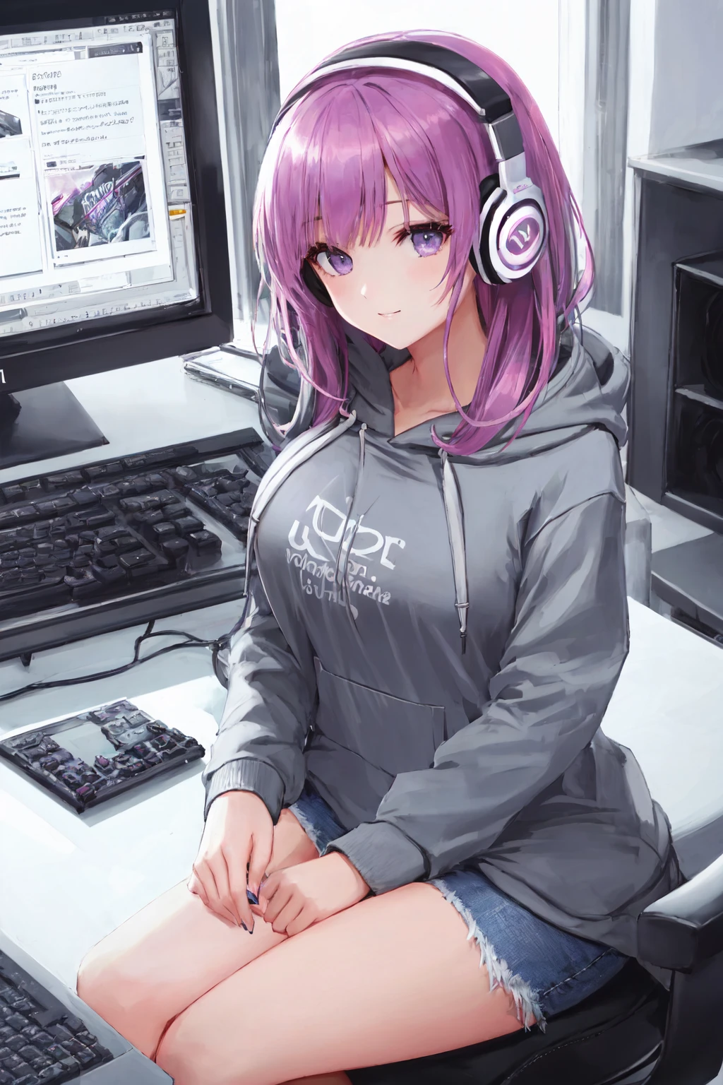 (masterpiece, best illustration, best manga), (extreme detail, ultra fine), solo, 1girl, violet eyes, (pink hair), (sitting at a computer:1.4),(long hair), (gamer headphones), (large tv in the background), (large breasts:1.3), (sexy), (vivid colors),(wearing a hoodie:1.8), (denim jeans), (extreme light and shadow, volumetric lighting), (rim lighting:1.5), (solo), (80s style:.5),(ultra sharp:2),
