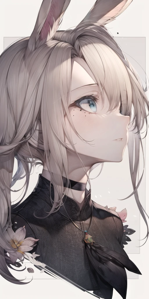 1girl, animal ears, black choker, choker, cropped shoulders, flower, grey eyes, light brown hair, looking away, medium hair, outside border, parted lips, pendant choker, portrait, solo, mole under eye, mole, long hair, rabbit ears, white background, jewelry, simple background, viera, blue eyes,<lora:hito_loha_v2b:0.7>