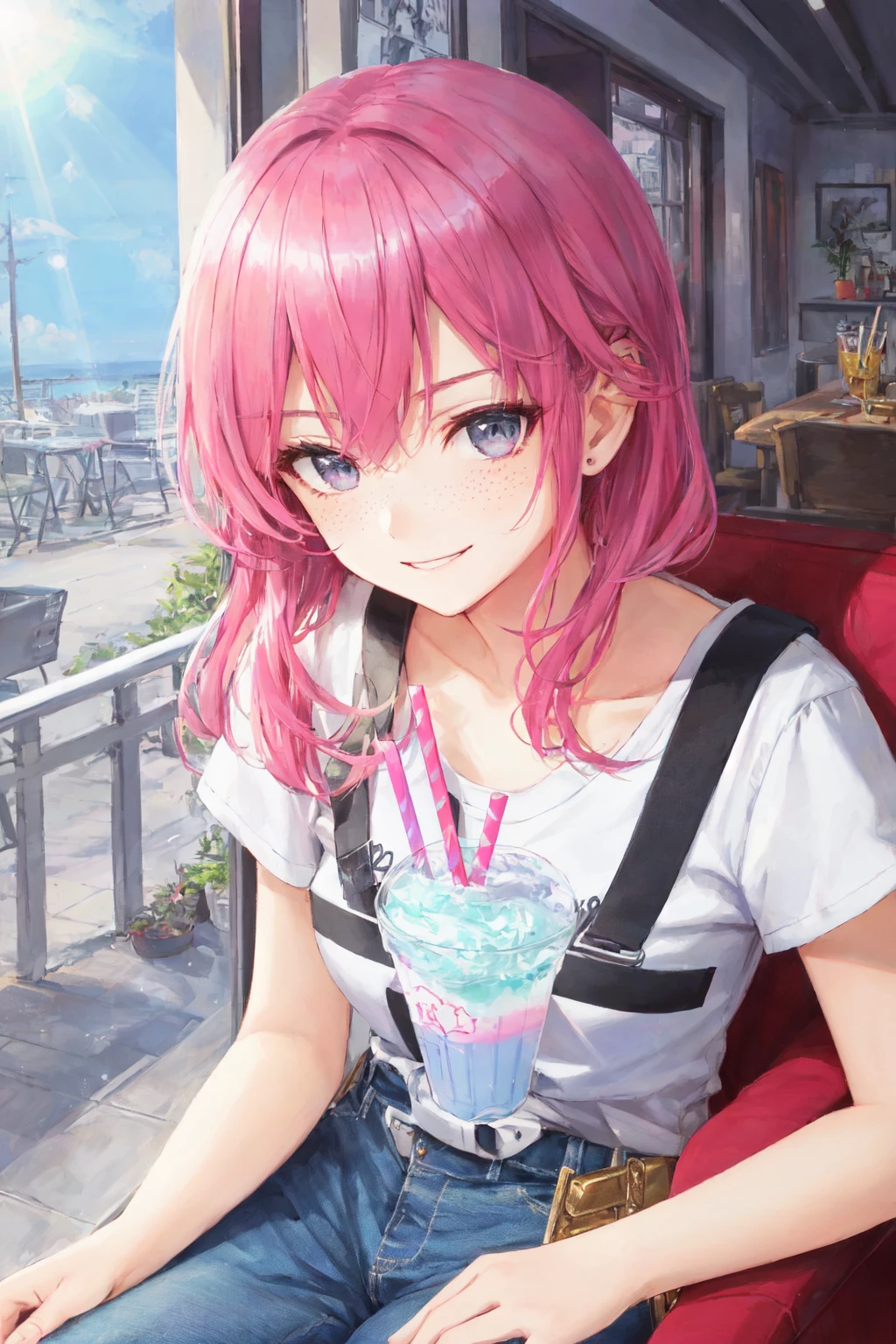 anipoma1,(masterpiece, best illustration, best manga), solo, 1girl, violet eyes, (shiny skin, soft hair), (holding a milkshake), freckles, (bright pink two tone hair:1.3), (wearing a led zepplin tshirt, denim jeans), (extreme light and shadow, volumetric lighting, rim lighting), (daylight:.5), (rainbow lights, light leak), (seductive, smirk), (solo), mangadusk1, manwha1