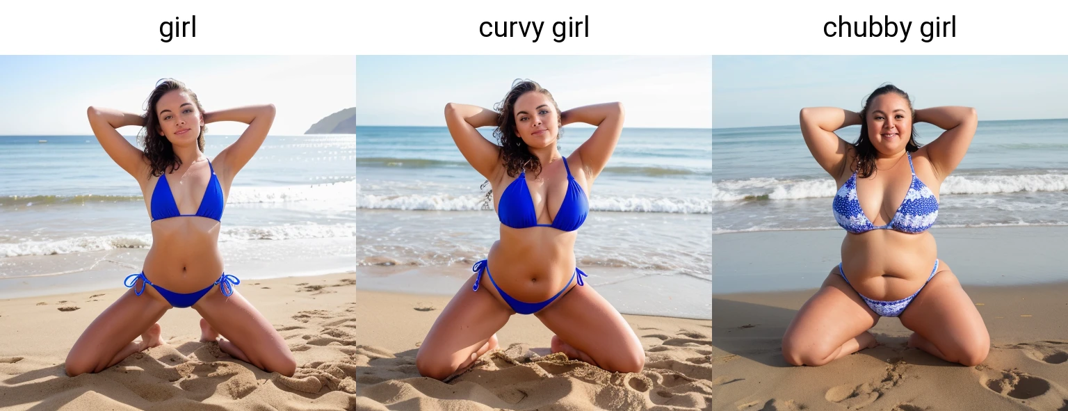 arms behind head, gorgeous girl wearing bikini at beach, kneeling down on sand with spread legs