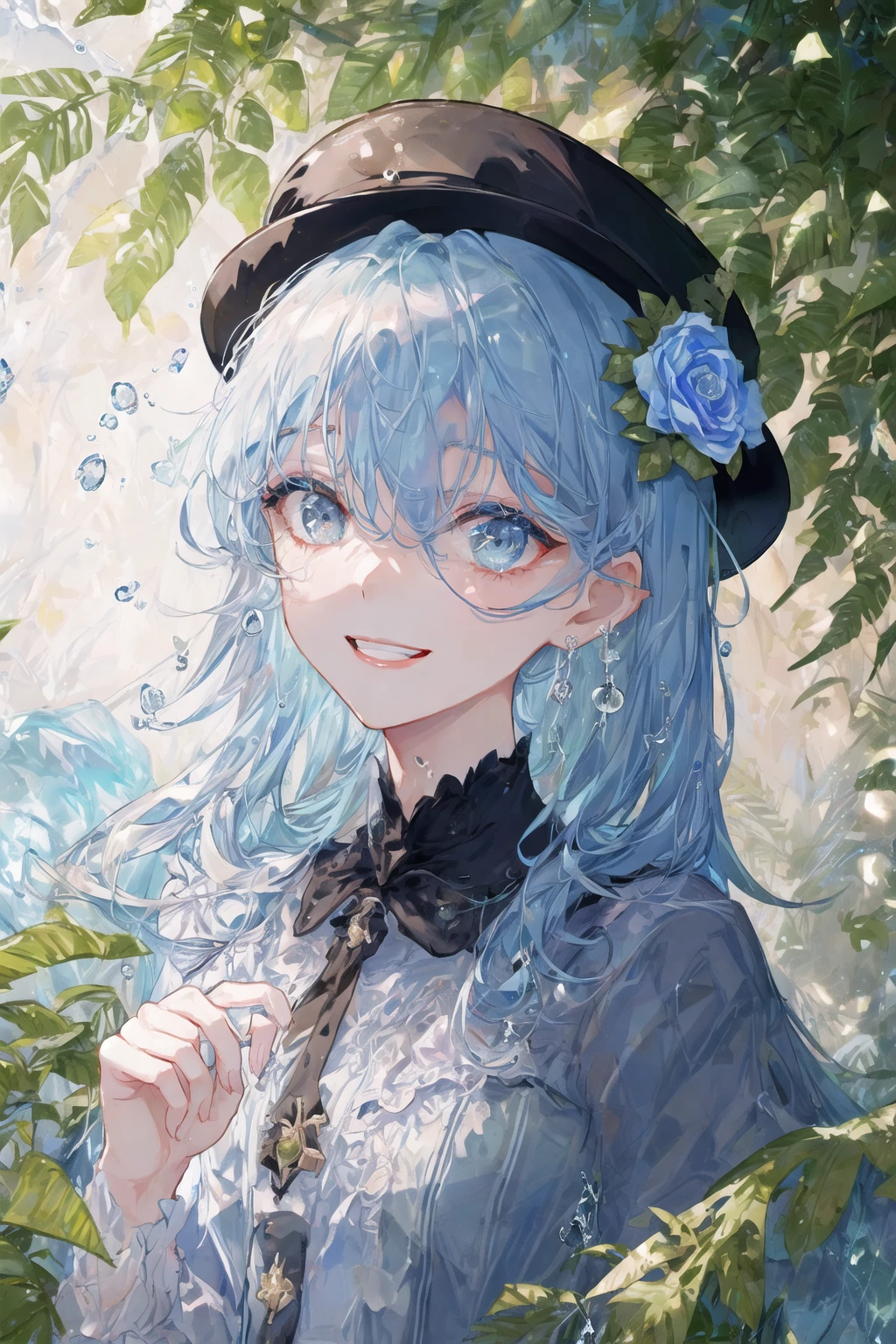 art by Cornflower, dreamy, <hypernet:Cornflower_Phantom:1.0>
(1girl, bangs, blue_flower, blue_ribbon, blue_rose, brooch, closed_mouth, flower, gem, hair_between_eyes, hat, hat_flower, hydrangea, jewelry, leaf, long_hair, looking_at_viewer, plant, rain, smile, solo, upper_body, water, water_drop, wet)<hypernet:yukoring:0><lora:Cornflower-000001:0>