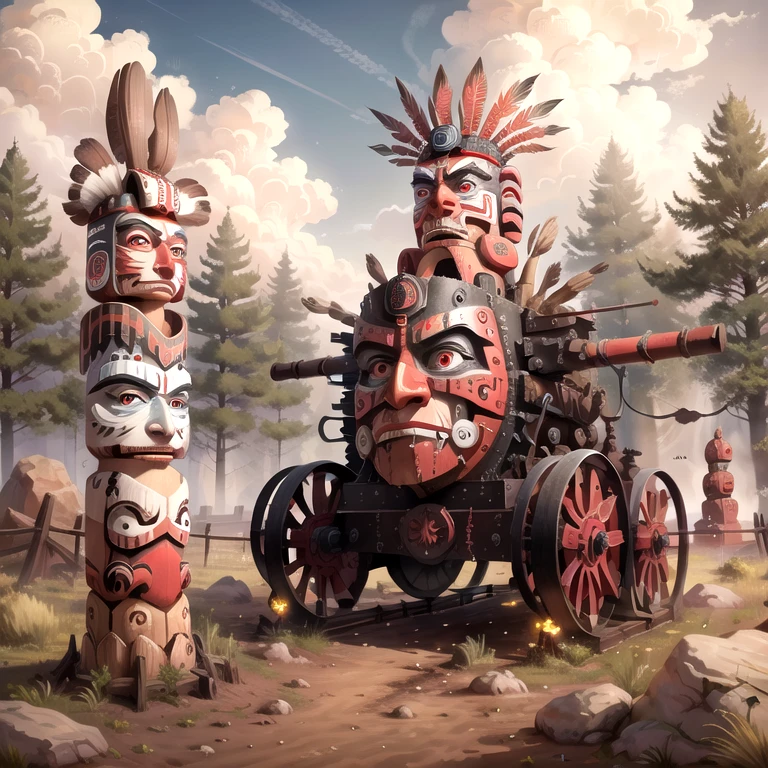 <lora:totempunkai_v10:0.6> concept art, a siege engine with the face of a totem poll, red white and black, high desert setting, pine trees and red rock, studio lighting, hdr, 8k, best quality, intricate, detailed,