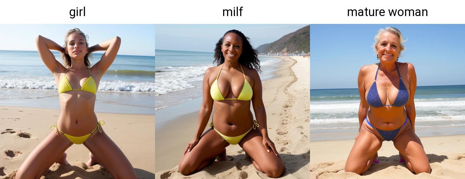 arms behind head, gorgeous girl wearing bikini at beach, kneeling down on sand with spread legs