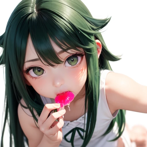 1girl, barefoot, face focus, green_eyes, (green_hair:1.4), long_hair, (saya_\(saya_no_uta\):1.5), (saya no uta:1.2),  (white_sleeveless_dress:1.2), very_long_hair, (white_background:1.4), (green hairy ear:1.2),white_dress, (saya_saya:1.5) ,wariza, (eating oumi jelly:1.2), (outwardly flipped hair:1.5),