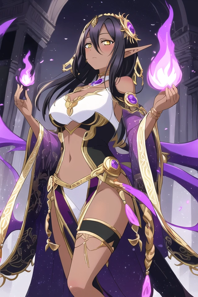 masterpiece, best quality, masterpiece, a dark elf mage casting a purple flame with her hands, (1girl), <lora:LLCharV2-4:1>, (LLChar), dark elf, large breasts, dark skin, mage, (purple fire), black hair, yellow eyes
