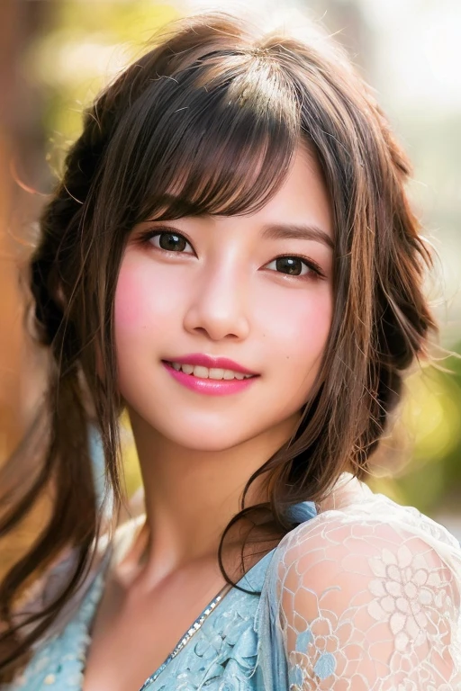 A close up of a woman with long hair and a blue dress - SeaArt AI