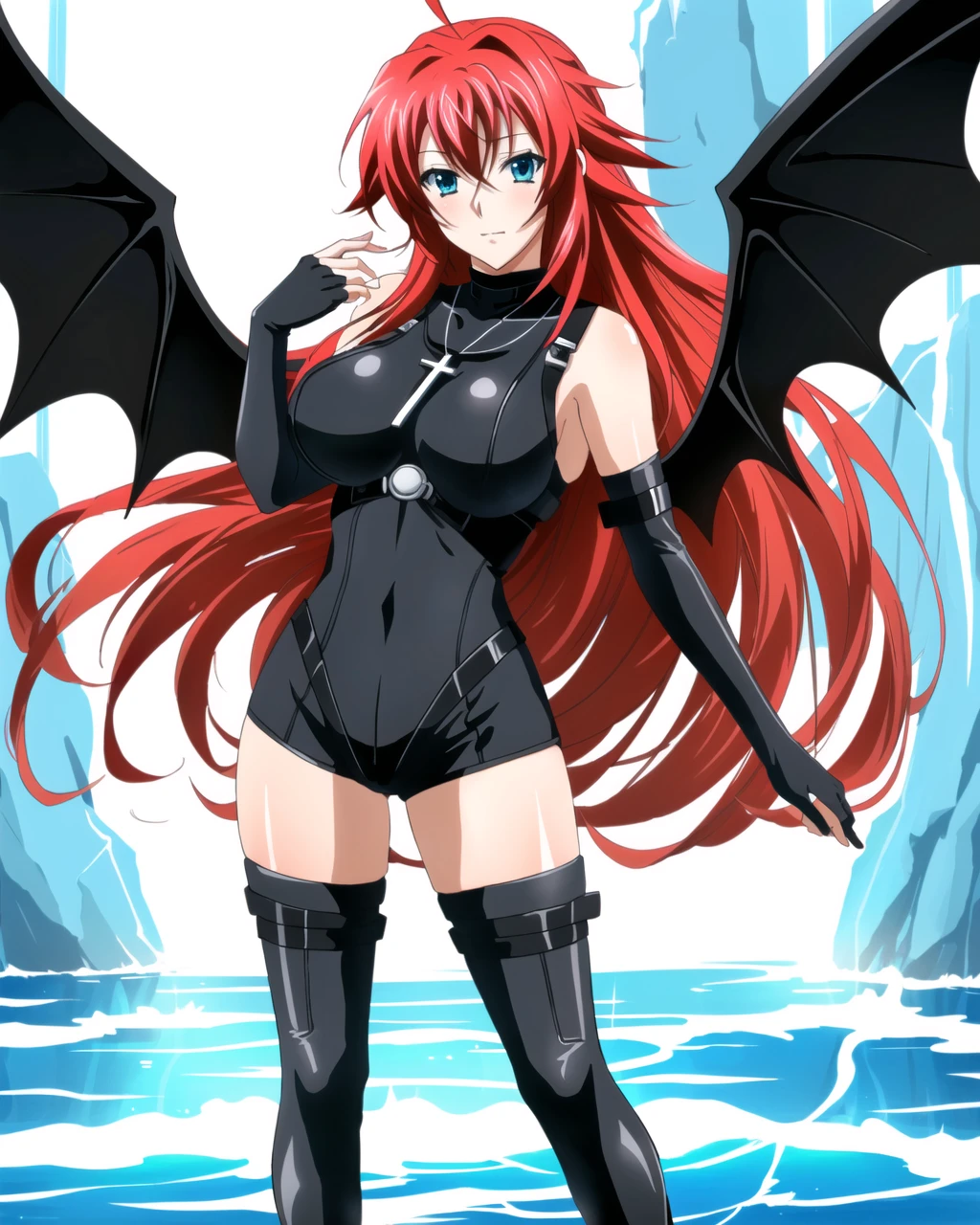 masterpiece, best quality, ultra-detailed, hires,  beautiful, detailed hair and eyes, 
1girl, red hair, long hair, ahoge,rias gremory dxd, very long hair,  blue eyes, large breasts,
(dxd outfit:1.6), elbow gloves, black gloves, covered navel, black leotard, black short briefs,thigh boots, turtleneck,cross necklace, necklace, cross, briefs,
 <lora:dxdV11-000003:0.65>, 
full body, (symmetrical demon wings, big wings, dxd wings:1.3),

waterfall background, evening, detailed background, waterfall, water on body, (grab breats with own hand:1.5)