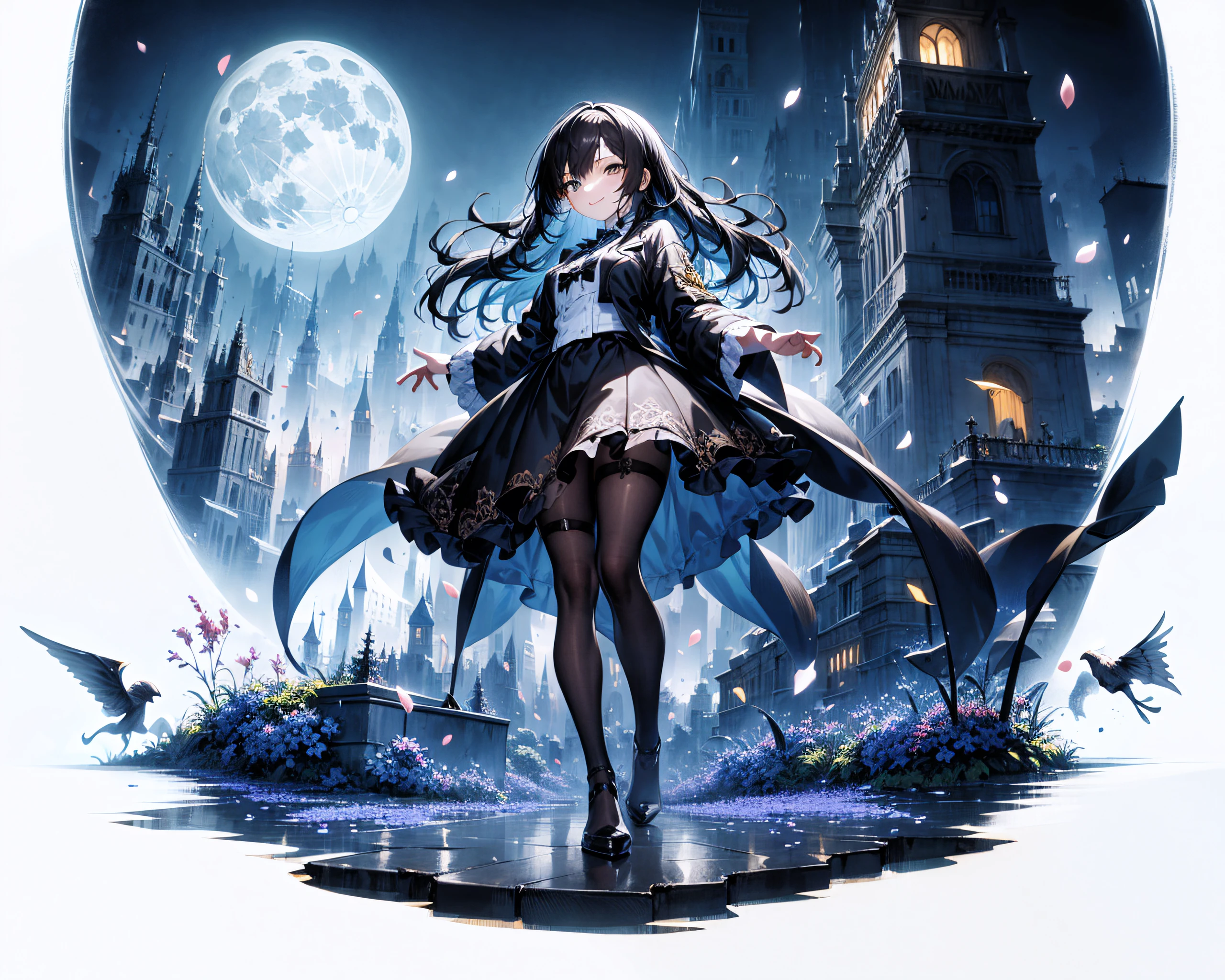 [(white background:1.5),::5] (isometric:1.0), double exposure, bubble,
mid shot, full body,
//
masterpiece, best quality, 1girl, (colorful),(finely detailed beautiful eyes and detailed face),cinematic lighting,bust shot,extremely detailed CG unity 8k wallpaper,black hair,long hair,black eyes,solo,smile,intricate skirt,((flying petal)),(Flowery meadow) sky, cloudy_sky, building, moonlight, moon, night, (dark theme:1.3), light, fantasy,looking at viewer, <lora:lihui4JXK-b2-bf16-128-128-1-re1-ep3-768-DA-5015fix:0.85>