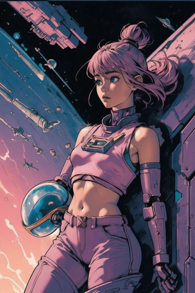 girl, (future,mecha,space,alien:1.4) upper body, (hotify:1.2), (future:1.4), (Futuristic,Lava:1.4),Musclegut,Small Breasts,(Leaning back against a wall),Very Short Hair,Double Bun,(pink Crew Top,mauve Western Pants:1.3),mahou shoujo madoka magica,Striped Thighhighs ,(masterpiece,detailed,highres:1.4) <lora:novel_bright:0.6>