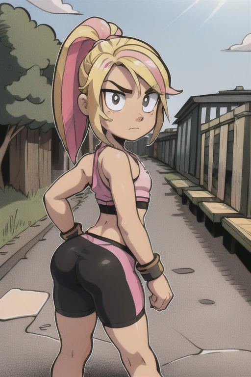 GameGirl , (blonde ponytail) with pink streak highlights, <lora:GameGirl:0.4>, 80's anime style, (flat chest), thighs, hips, small waist, park bench, biker shorts, cloudy day, near train tracks, bike rack, weak wilted plants, cracks in sidewalk, butterflies and daisies, sunlight shining on character, ass