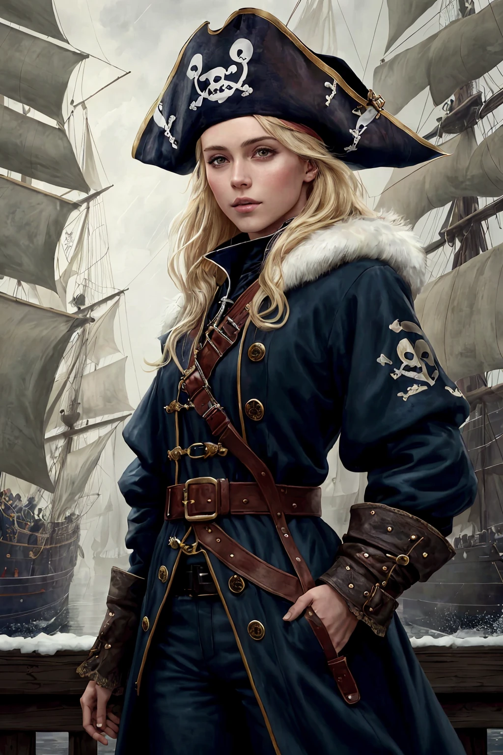 medieval (pirate:1.2) blonde girl with navy blue coat belts straps pants standing on the docks in a (crowd of sailors:1.1) leather and fur winter cold weather working beautiful cloudy sky bright morning light (foggy:1.1) (raining:1.1), (masterpiece:1.2) (illustration:1.1) (best quality:1.2) (detailed) (intricate) (8k) (HDR) (wallpaper) (cinematic lighting) (sharp focus)