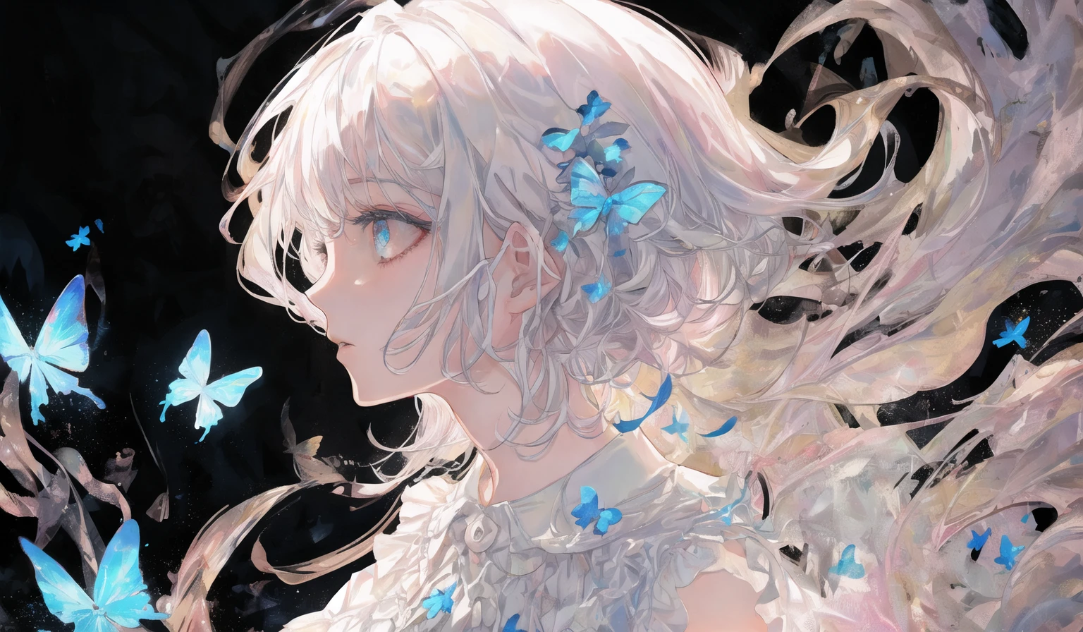 art by Cornflower, dreamy, <hypernet:Cornflower_Phantom:1.0>
(best quality, masterpiece, highres,cinematic lighting, volume lighting,contour deepening,(backlighting),profile,extremely detailed 8K wallpaper, 1girl,loli ,chiffon dress,an extremely delicate and beautiful,beautiful detailed eyes,white_hair,[[long_hair]],medium_breasts,(cumuliform cloud:1.35),(beautiful detailed cloud),Blue Butterfly,upper body)<hypernet:yukoring:0><lora:Cornflower-000001:0>