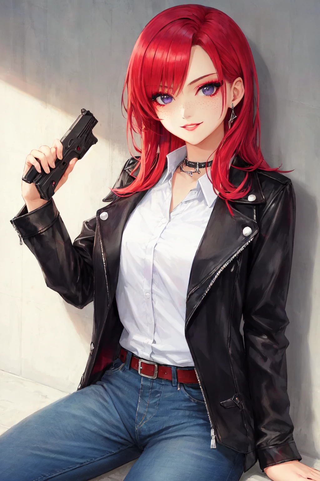 anipoma1,(masterpiece, best illustration, best manga), solo, 1girl, violet eyes, (shiny skin, soft hair), (holding a gun), (goth makeup:1.4), freckles, (bright red hair:1.3), (mature, large breasts), (ganguro, tan skin), (wearing a blue formal shirt, leather jacket, denim jeans), (extreme light and shadow, volumetric lighting, rim lighting), (daylight:.5), (rainbow lights, light leak), (seductive, smirk), (solo), (80s style clothes:.8), (gothic punk:1.3),(emo punk:.8), mangadusk1, manwha1