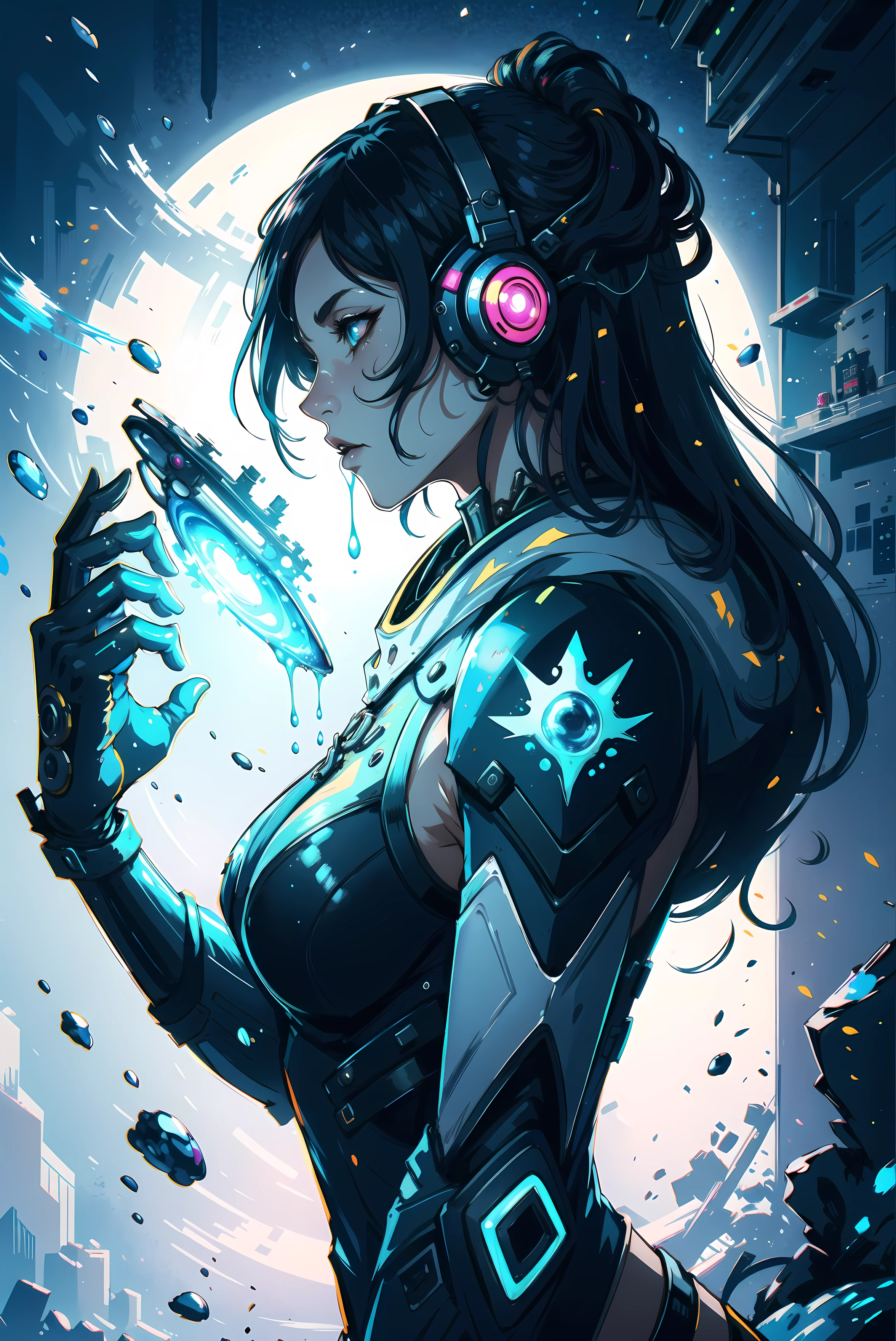 Cyber punk girl, fantasy world, dark background, overwatch, clean design, epic Instagram, artstation, splash of colorful paint, contour, hyperdetailed intricately detailed, unreal engine, fantastical, intricate detail, splash screen, complementary colors, fantasy concept art, 8k resolution, deviantart masterpiece, oil painting, heavy strokes, paint dripping