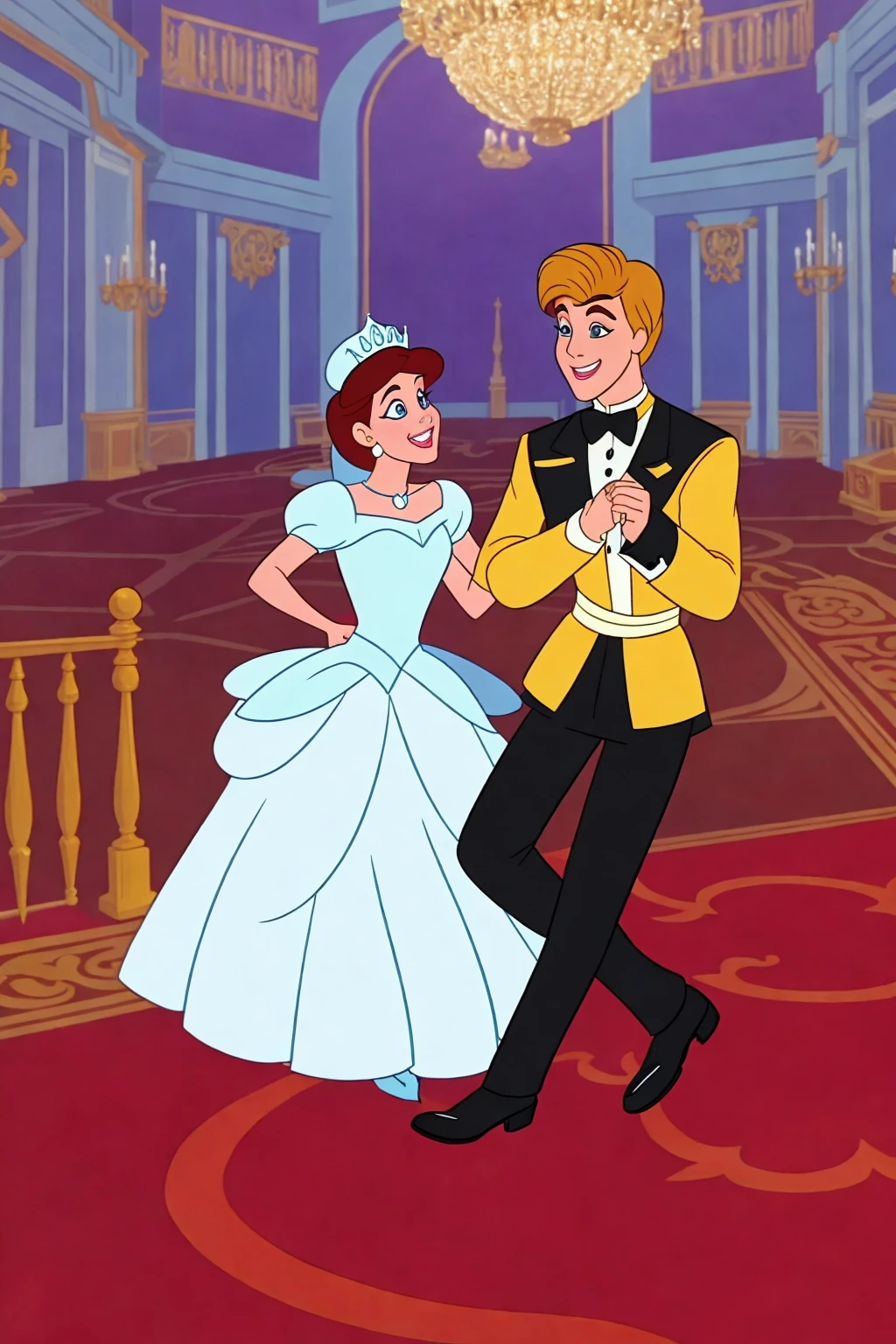 2d animation disney style beautiful princess dancing with handsome prince in a luxurious ballroom
(masterpiece:1.2) (cell shading) (animation) (flat color illustration:1.1) (best quality:1.2) (clean lines)