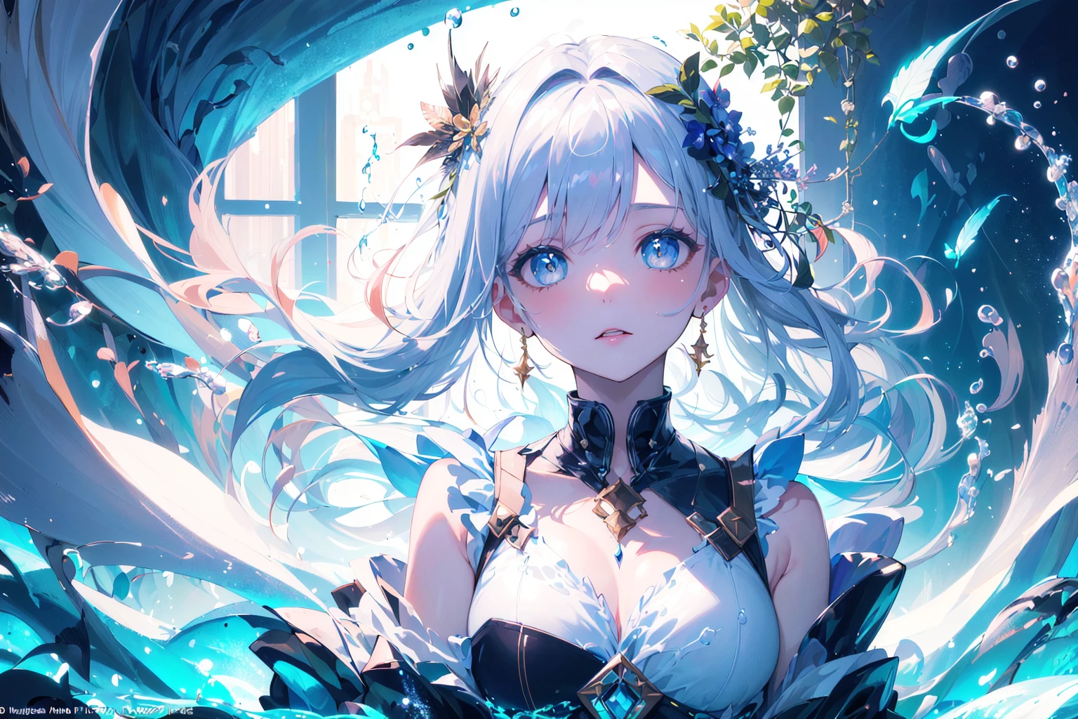 (masterpiece, top quality, best quality, official art, beautiful and aesthetic:1.2),
(1girl, solo), (kawaii:1.2),
([ water effects | Light Effects | Feathers effects ]:1.3),