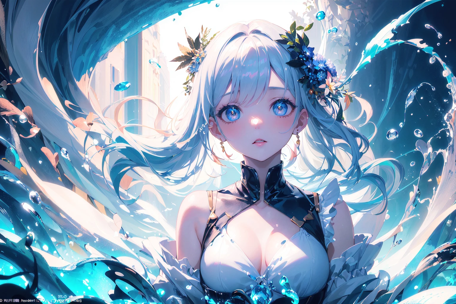 (masterpiece, top quality, best quality, official art, beautiful and aesthetic:1.2),
(1girl, solo), (kawaii:1.2),
([ water effects | Light Effects | Feathers effects ]:1.3),
