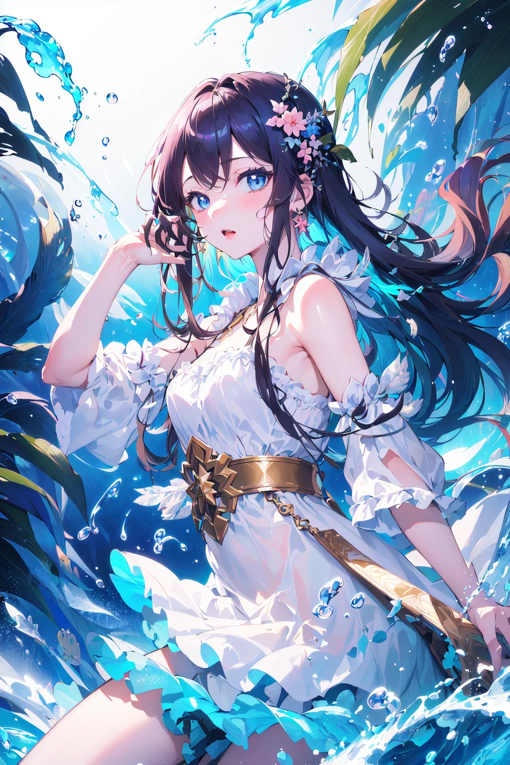 (masterpiece), best quality, ultra-detailed, illustration, warm lighting, bright colors, 1girl, solo, long hair, blue eyes, ribbon, brown hair, hair between eyes, hair ribbon, sidelocks, very long hair,

white dress, dress, thighs, long sleeves, hands behide back, (arms behide back), leaning foward, mischievous smile, ((arms_behind_back)), white pantyhose, white gloves, 

underwater, floating, wet,cowboy shot, fish surrounded, seabed, undersea,underwater,  jellyfish, fish, bubble, sunbeam,


 