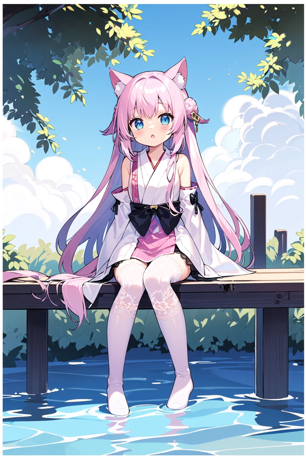(white background:1.4)
(((mauve:0.2|pink:0.5|legwear|long|lace:1.3))),
high contrast,masterpiece, hime cut, best quality,
miko, hatsumoude, tree,
full body,aged down, summer,illustrator,water spring,
1girl, cat girl,no shoes,
white shirt,shirt,
blue eyes, white hair, long hair
