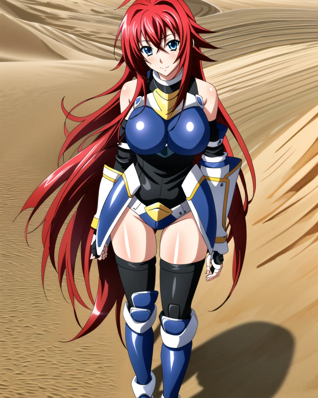 masterpiece, best quality, ultra-detailed, hires,  beautiful, detailed hair and eyes, 
1girl, red hair, long hair, ahoge,rias gremory dxd, very long hair,  blue eyes, large breasts,
(dxd armor:1.4), breastplate, fingerless gauntlets, boots, hip guards, 
 <lora:dxdV11-000003:0.65>, 
full body, standing, holding, holding sword,
evening, detailed background,  desert, sand