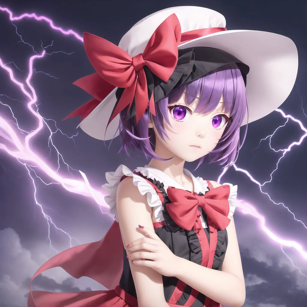 1girl, bow, dress, female focus, frills, hat, lightning, purple hair, red eyes, ribbon, shawl, short hair, solo