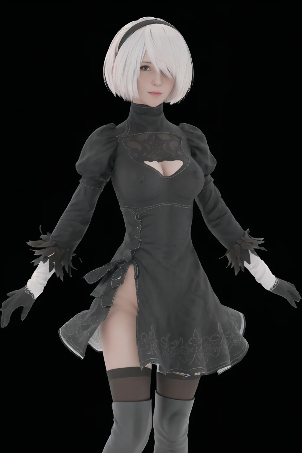 masterpiece:1.4, quality:1.4, photorealistic:1.4, resolution:1.4, sharpness:1.4, ultra-detailed:1.4, professional lighting
<lora:Yorha2B_v0.9:0.8>, yorha2b, solo, 1girl