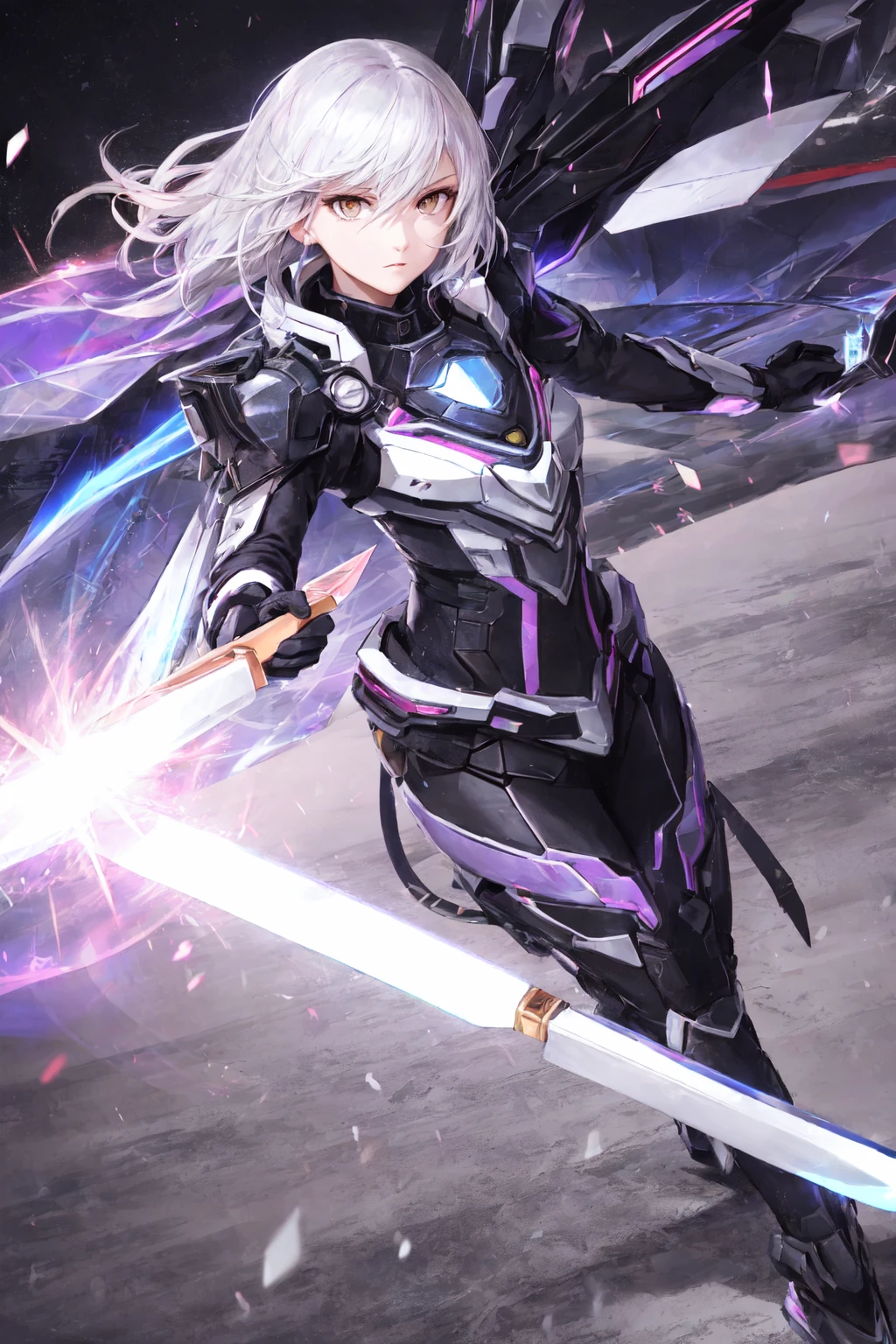 (Masterpiece, high quality, high detail, best shadow), (synthwave:1),(dim sky with background), (beautiful detail face), high contrast, (best lighting, extremely refined and beautiful), ((cinematic light)), bright colors, hyper-detail, dramatic light, intricate details, lightgeo, glitter, fantasy, (1 girl, solo, white hair, sharp face, low double tail, fierce expression, white eyes, hair between the eyes, dynamic angle), combat stance, holding a molecular knife, full body, black light rotating around the character, depth of field, black light particles, Tactical suits