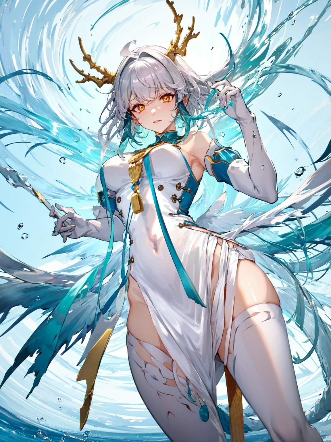 masterpiece,best quality,highres,1girl,rain,water,<lora:ShadowverseSilong_v2:0.7>,<lora:watervfxCreateMore_v1:0.3>,water reflections,looking at viewer,from below,:<,blush,white legwear,wet clothes,sharp and clearly finely extremely detailed eyes,groin,(thick thighs:1.1),yellow eyes,skindentation,holding fan,(glowing eyes:1.4),(shaded face:1.2),dark clouds,dark background,multicolored hair,gradient hair